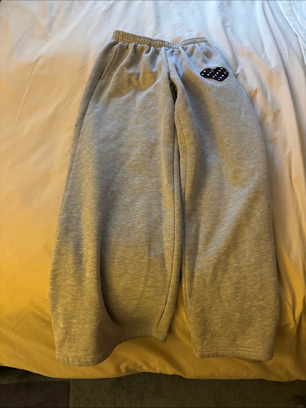 Edikted Light Gray Track Pants with Navy Heart Patch